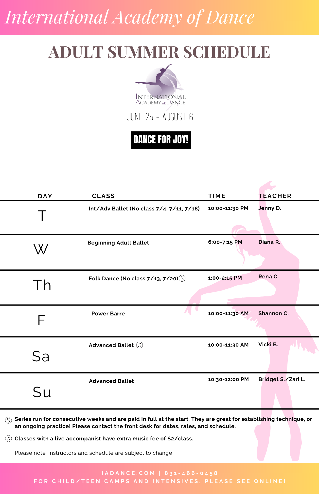 Adult Dance Schedule - Updated 5/26 Summer 2023
