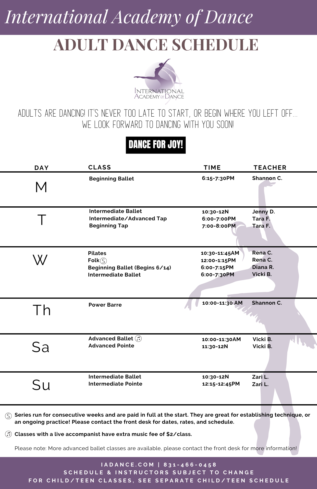 Fall/Spring 2022-23 Adult Dance Class Schedule