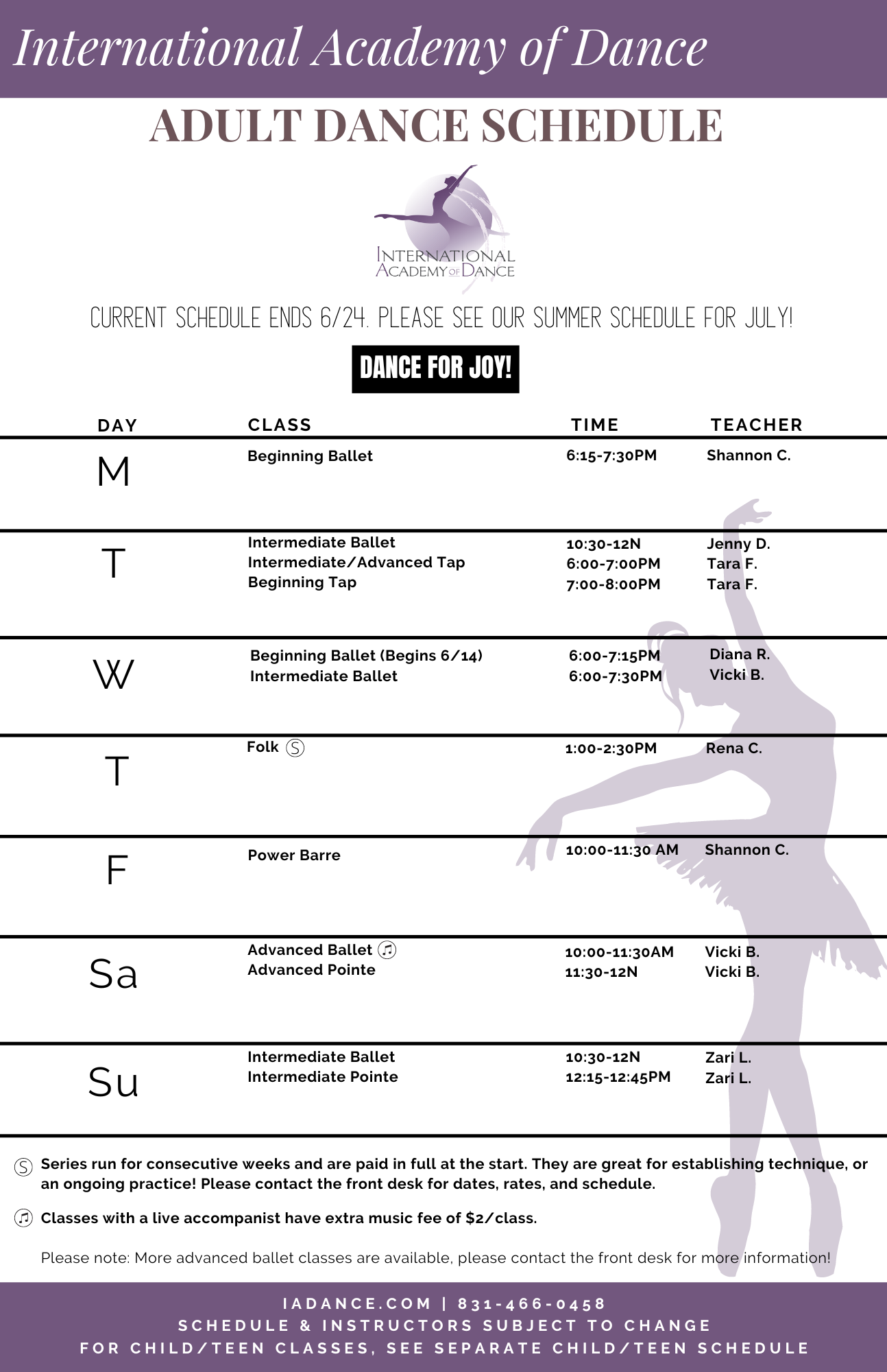 Adult Dance Class Schedule 2023 Fall/Spring