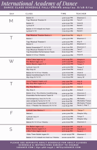 GIF of child/teen dance classes, highlighted by level. Click the links on the right to see each schedule.