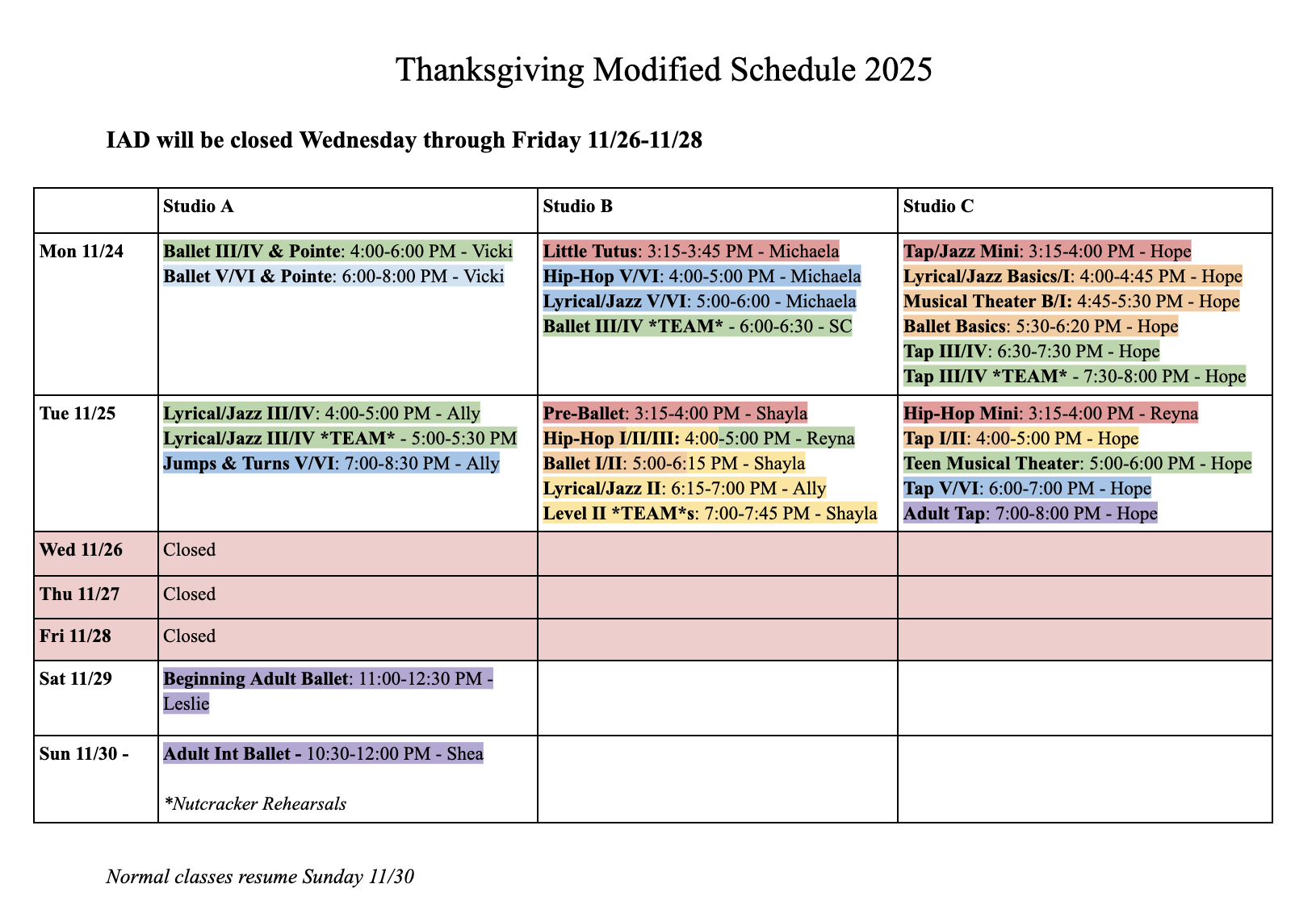 Thanksgiving Modified Schedule 2025