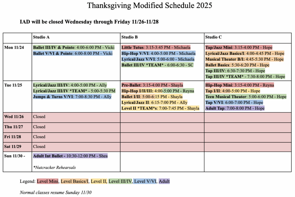 Modified Schedule - Thanksgiving Week 2025 - By Studio