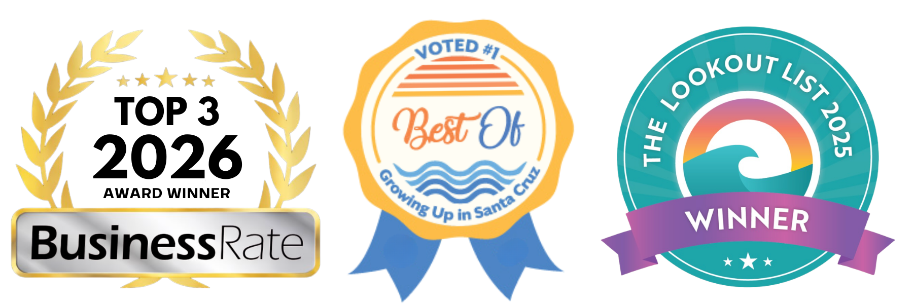 Awards: BusinessRate, Best of Growing Up in Santa Cruz, Lookout List 